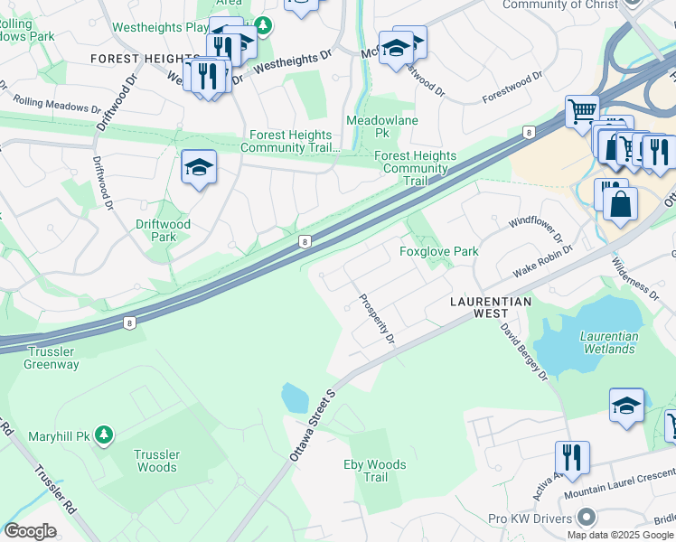 map of restaurants, bars, coffee shops, grocery stores, and more near 113 Prosperity Drive in Kitchener