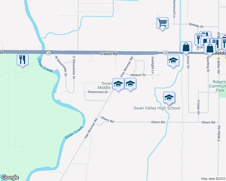 map of restaurants, bars, coffee shops, grocery stores, and more near 457 Van Wormer Road in Saginaw