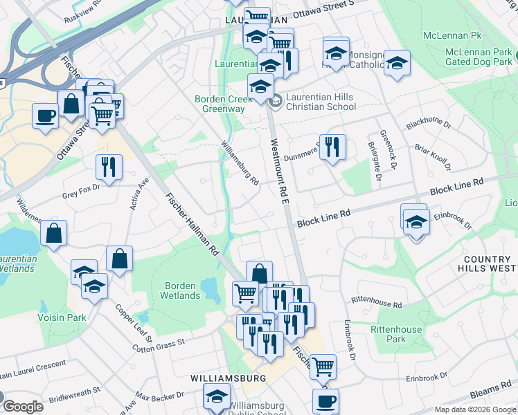 map of restaurants, bars, coffee shops, grocery stores, and more near 89 Ristau Crescent in Kitchener