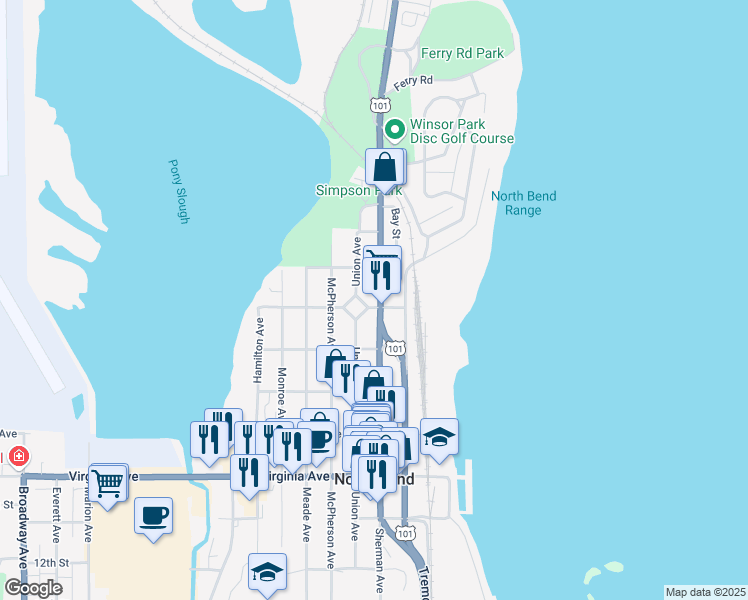 map of restaurants, bars, coffee shops, grocery stores, and more near 1625 Sherman Avenue in North Bend