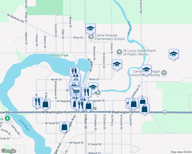 map of restaurants, bars, coffee shops, grocery stores, and more near 15 River Court in St. Louis