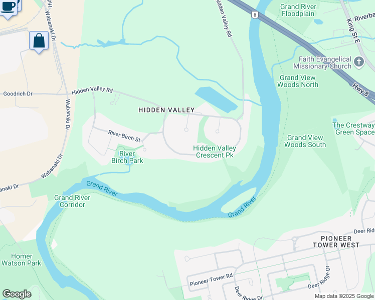 map of restaurants, bars, coffee shops, grocery stores, and more near 2172 Hidden Valley Crescent in Kitchener