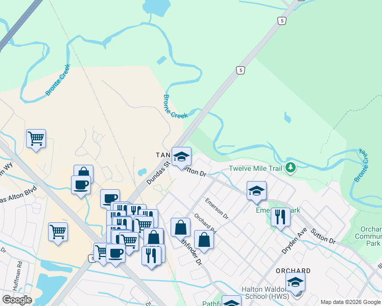 map of restaurants, bars, coffee shops, grocery stores, and more near 5196 Tydman Way in Burlington