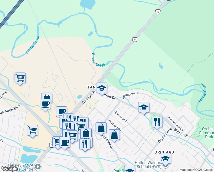 map of restaurants, bars, coffee shops, grocery stores, and more near 5260 Dundas Street in Burlington