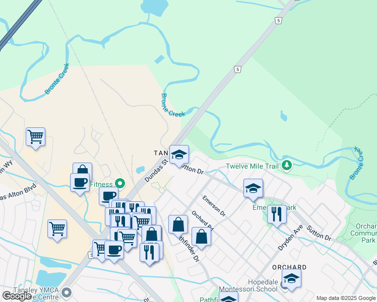 map of restaurants, bars, coffee shops, grocery stores, and more near 5196 Tydman Way in Burlington