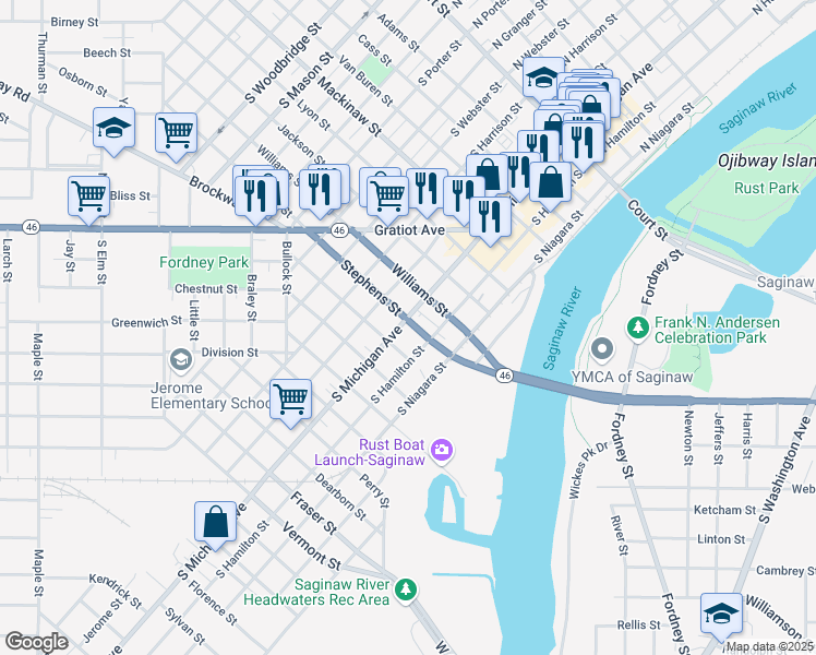 map of restaurants, bars, coffee shops, grocery stores, and more near 915 South Niagara Street in Saginaw