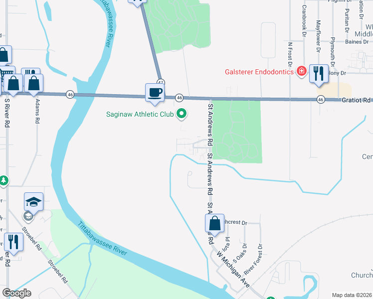 map of restaurants, bars, coffee shops, grocery stores, and more near 22 Valentine Court in Saginaw