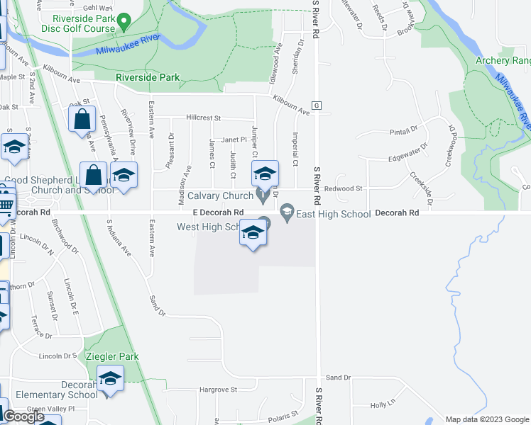 map of restaurants, bars, coffee shops, grocery stores, and more near 1147 East Decorah Road in West Bend