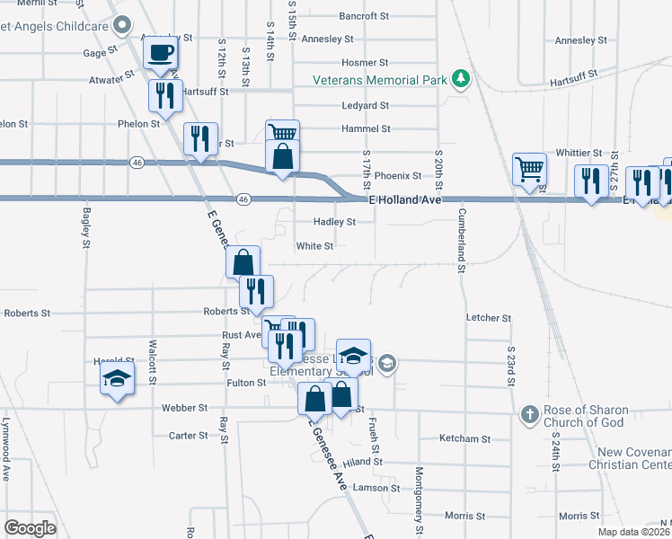 map of restaurants, bars, coffee shops, grocery stores, and more near 2530 White Street in Saginaw