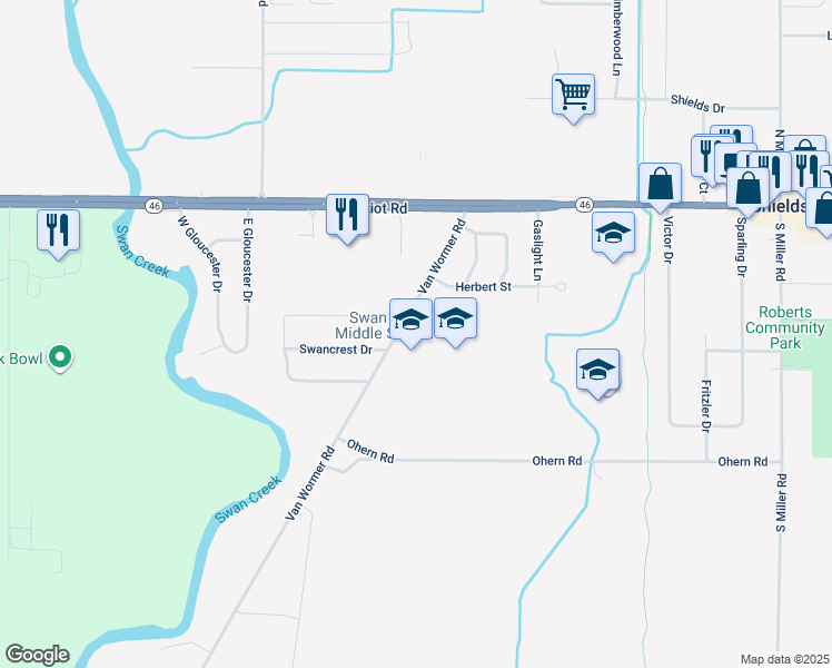 map of restaurants, bars, coffee shops, grocery stores, and more near 8400 Ohern Road in Saginaw
