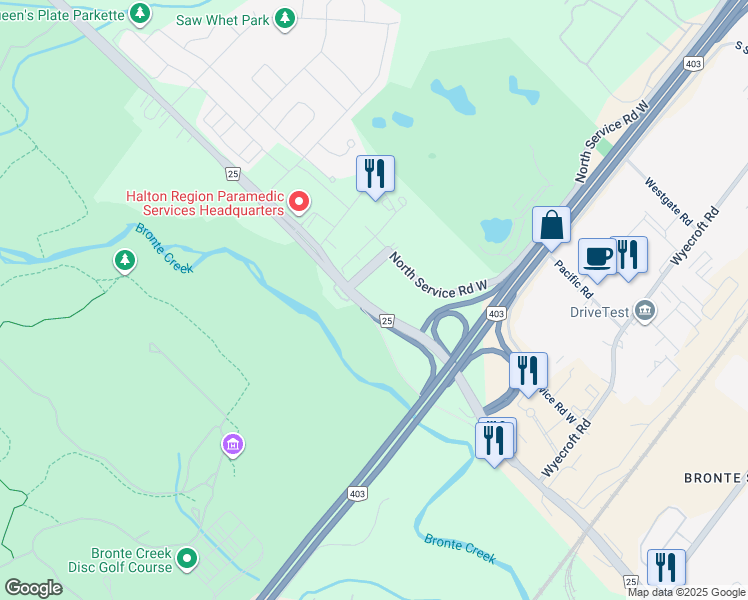 map of restaurants, bars, coffee shops, grocery stores, and more near 1087 Bronte Road in Oakville