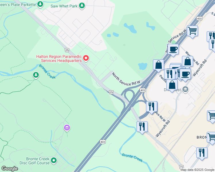 map of restaurants, bars, coffee shops, grocery stores, and more near 1087 Bronte Road in Oakville