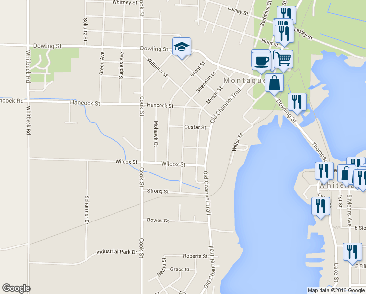 map of restaurants, bars, coffee shops, grocery stores, and more near Sheridan Street in Montague