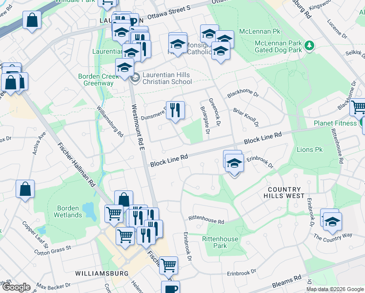 map of restaurants, bars, coffee shops, grocery stores, and more near in Kitchener