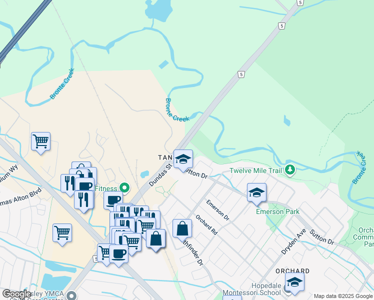 map of restaurants, bars, coffee shops, grocery stores, and more near 5240 Dundas Street in Burlington