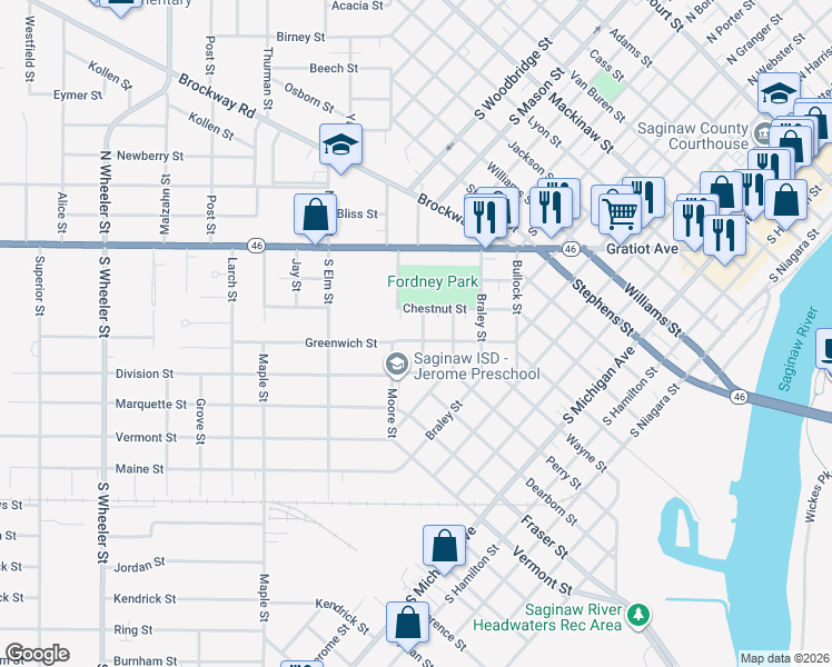 map of restaurants, bars, coffee shops, grocery stores, and more near 1221 Chestnut Street in Saginaw