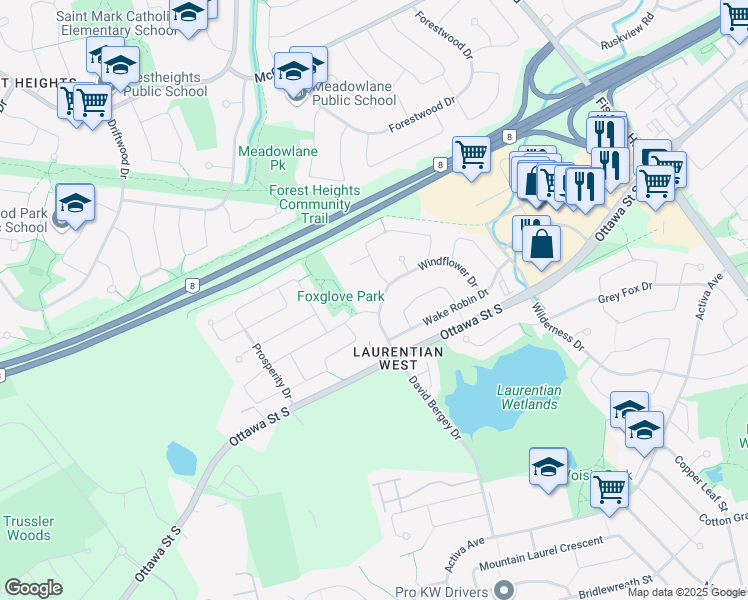 map of restaurants, bars, coffee shops, grocery stores, and more near 138 Windflower Drive in Kitchener
