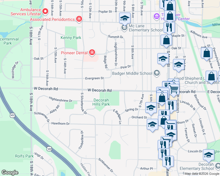 map of restaurants, bars, coffee shops, grocery stores, and more near 1008 West Decorah Road in West Bend