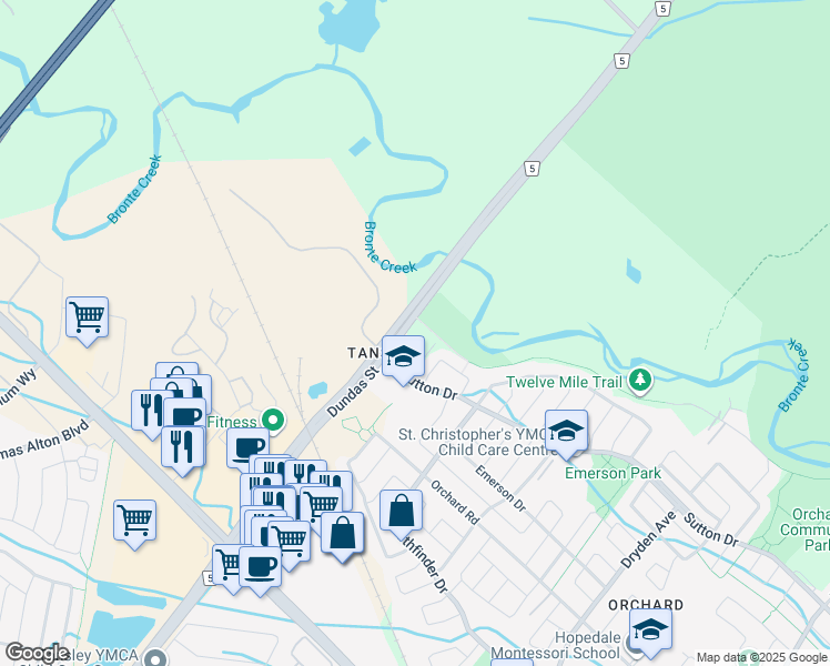 map of restaurants, bars, coffee shops, grocery stores, and more near 5226 Dundas Street in Burlington