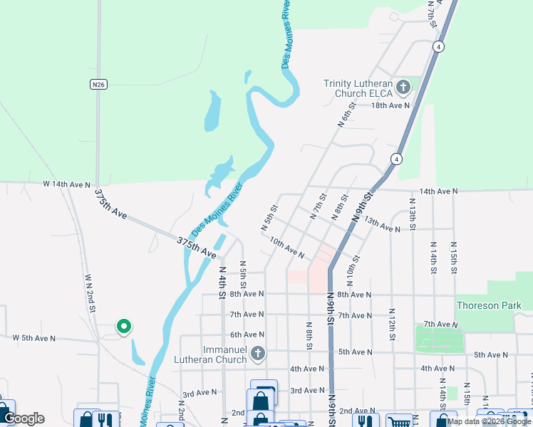 map of restaurants, bars, coffee shops, grocery stores, and more near 1101 North 5th Street in Estherville