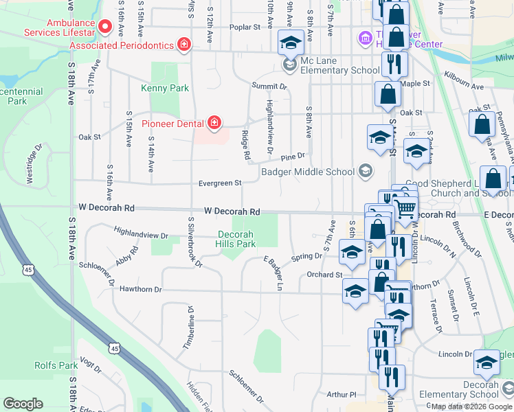 map of restaurants, bars, coffee shops, grocery stores, and more near 1008 West Decorah Road in West Bend