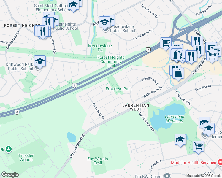 map of restaurants, bars, coffee shops, grocery stores, and more near 231 Prosperity Drive in Kitchener