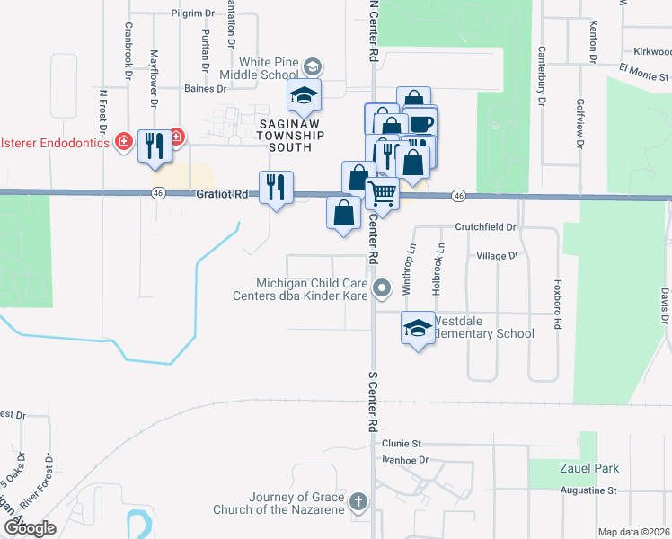 map of restaurants, bars, coffee shops, grocery stores, and more near 102 Provincial Court in Saginaw