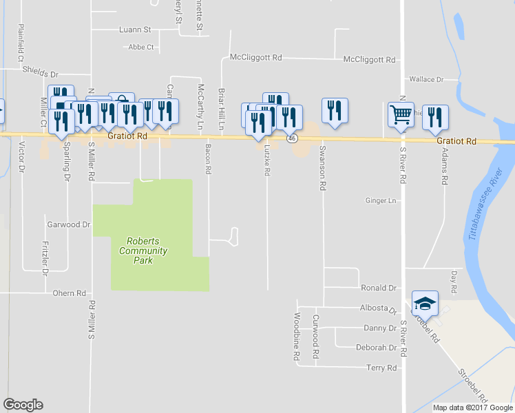 map of restaurants, bars, coffee shops, grocery stores, and more near 420 Lutzke Road in Saginaw