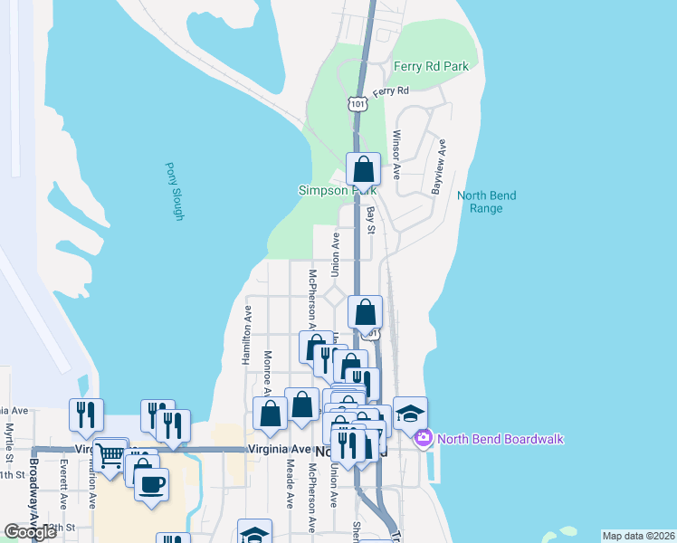 map of restaurants, bars, coffee shops, grocery stores, and more near 1541 Union Avenue in North Bend