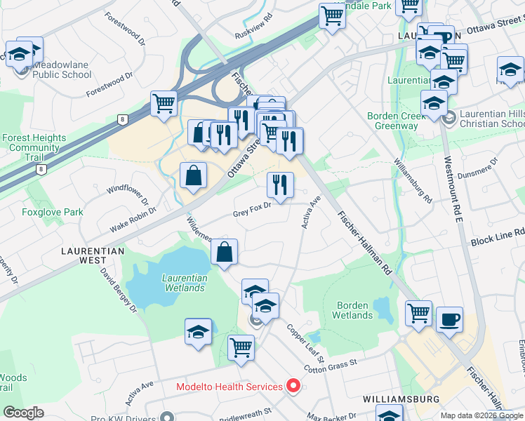 map of restaurants, bars, coffee shops, grocery stores, and more near 213 Grey Fox Drive in Kitchener