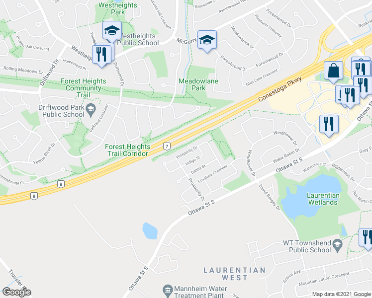 map of restaurants, bars, coffee shops, grocery stores, and more near 155 Prosperity Drive in Kitchener