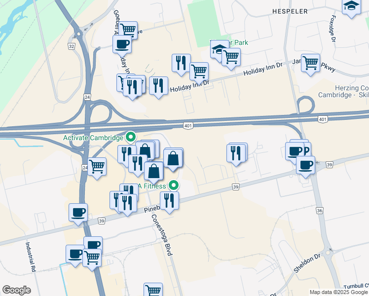 map of restaurants, bars, coffee shops, grocery stores, and more near Macdonald-Cartier Fwy in Cambridge