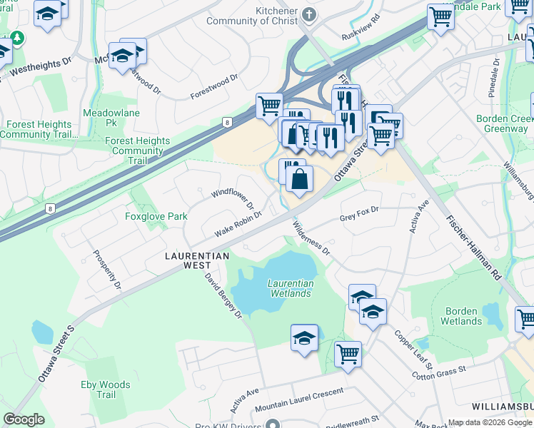 map of restaurants, bars, coffee shops, grocery stores, and more near 2 Windflower Drive in Kitchener