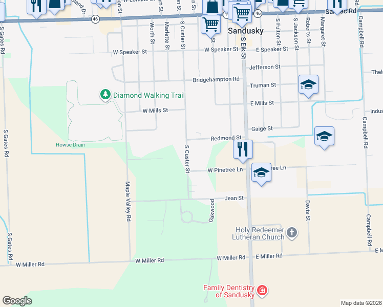 map of restaurants, bars, coffee shops, grocery stores, and more near 319 South Custer Street in Sandusky