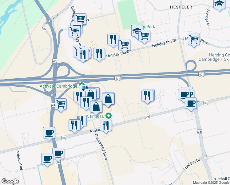 map of restaurants, bars, coffee shops, grocery stores, and more near Macdonald-Cartier Fwy in Cambridge