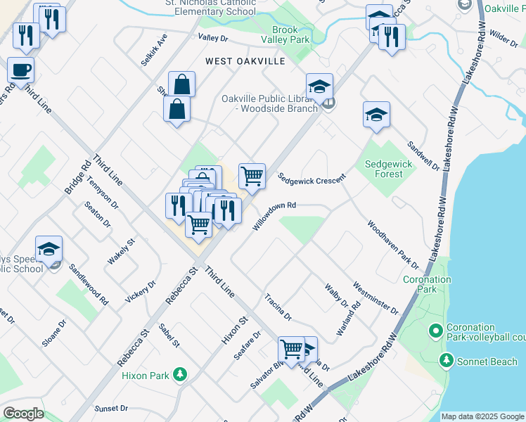 map of restaurants, bars, coffee shops, grocery stores, and more near 1427 Willowdown Road in Oakville