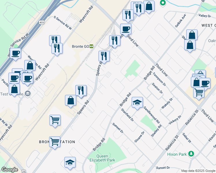 map of restaurants, bars, coffee shops, grocery stores, and more near 566 Trafford Crescent in Oakville
