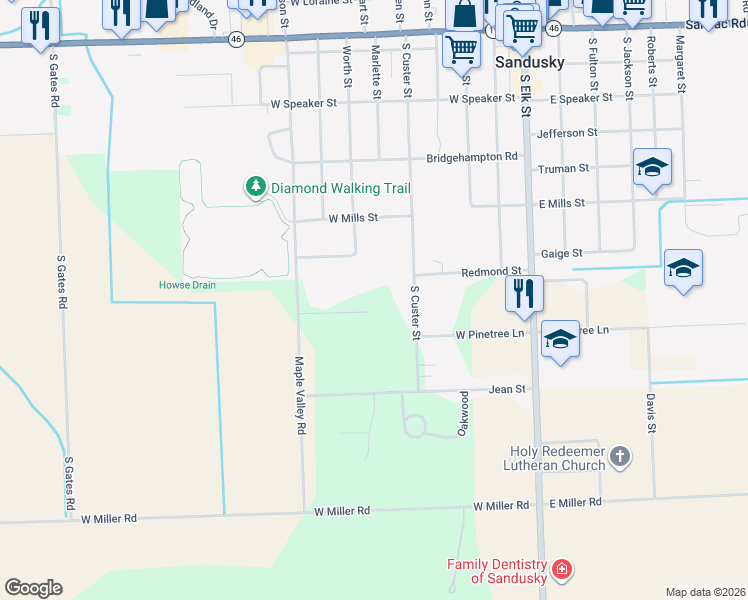 map of restaurants, bars, coffee shops, grocery stores, and more near 350 Blue Spruce Lane in Sandusky