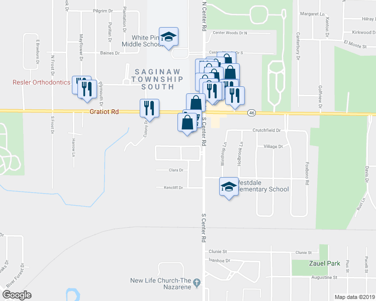 map of restaurants, bars, coffee shops, grocery stores, and more near 102 Provincial Court in Saginaw