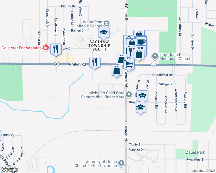 map of restaurants, bars, coffee shops, grocery stores, and more near 104 Provincial Court in Saginaw