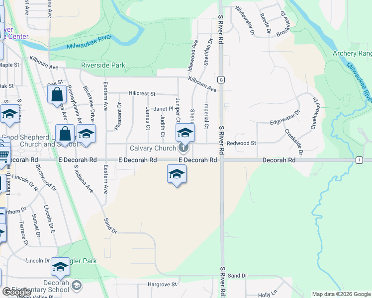 map of restaurants, bars, coffee shops, grocery stores, and more near 1110 East Decorah Road in West Bend
