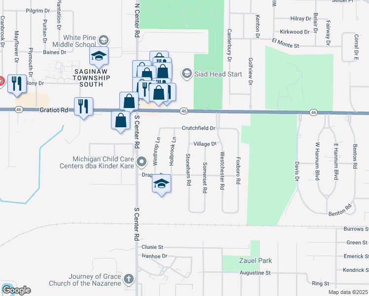 map of restaurants, bars, coffee shops, grocery stores, and more near 318 Stoneham Road in Saginaw