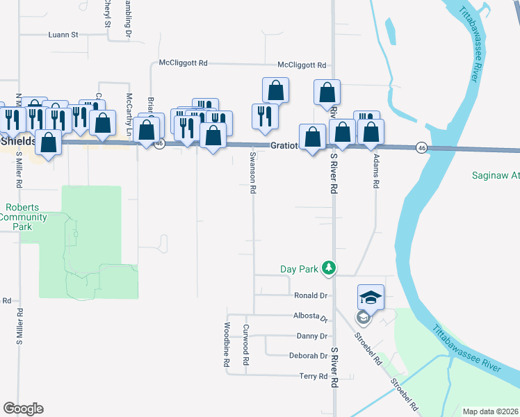 map of restaurants, bars, coffee shops, grocery stores, and more near 405 Swanson Road in Saginaw