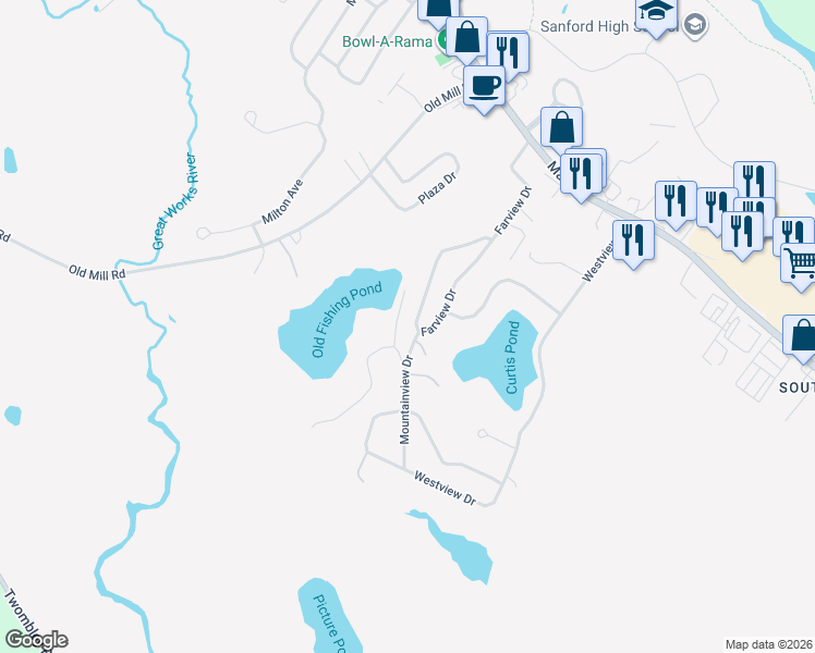 map of restaurants, bars, coffee shops, grocery stores, and more near 101 Farview Drive in Sanford