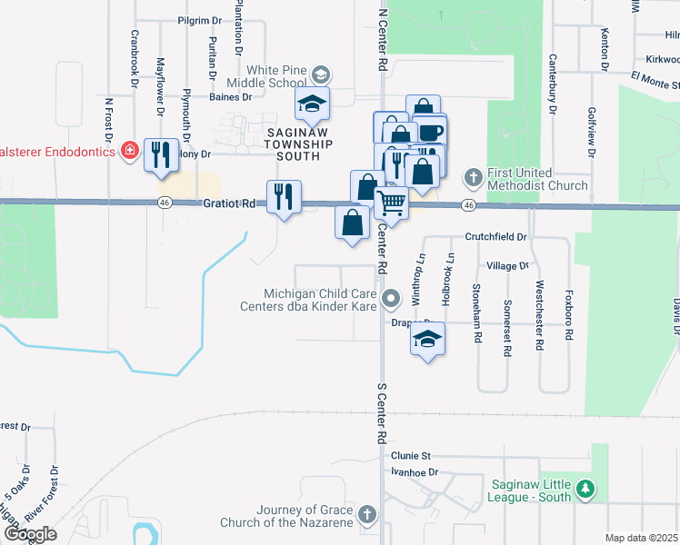 map of restaurants, bars, coffee shops, grocery stores, and more near 102 Provincial Court in Saginaw