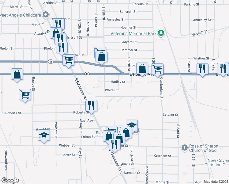 map of restaurants, bars, coffee shops, grocery stores, and more near 2530 White Street in Saginaw