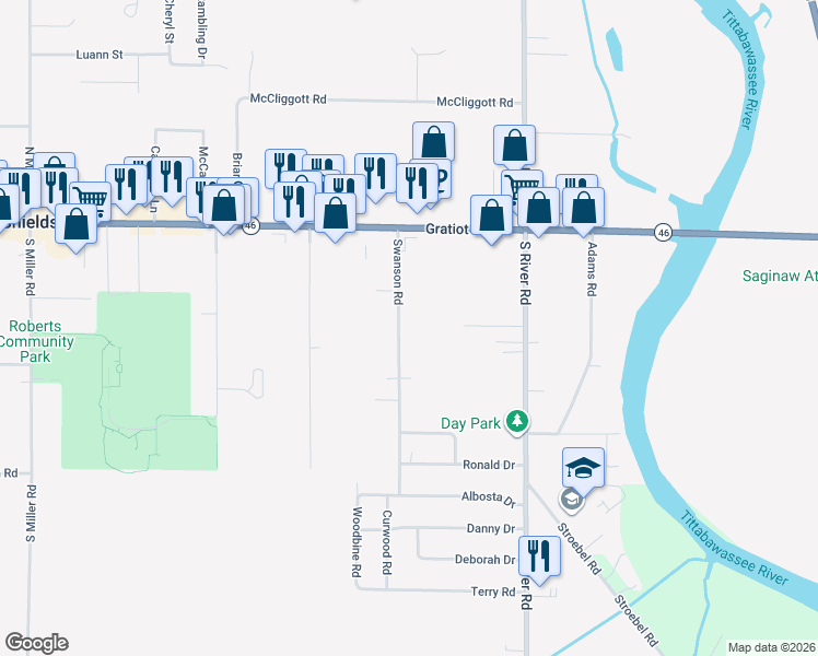 map of restaurants, bars, coffee shops, grocery stores, and more near 405 Swanson Road in Saginaw