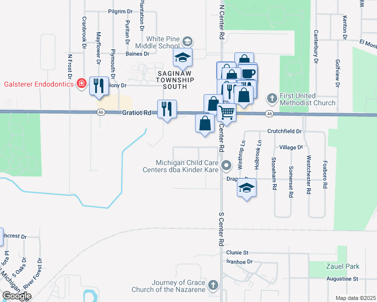 map of restaurants, bars, coffee shops, grocery stores, and more near 104 Provincial Court in Saginaw