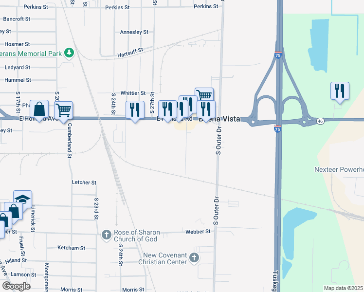 map of restaurants, bars, coffee shops, grocery stores, and more near 1501 Prueter Street in Saginaw