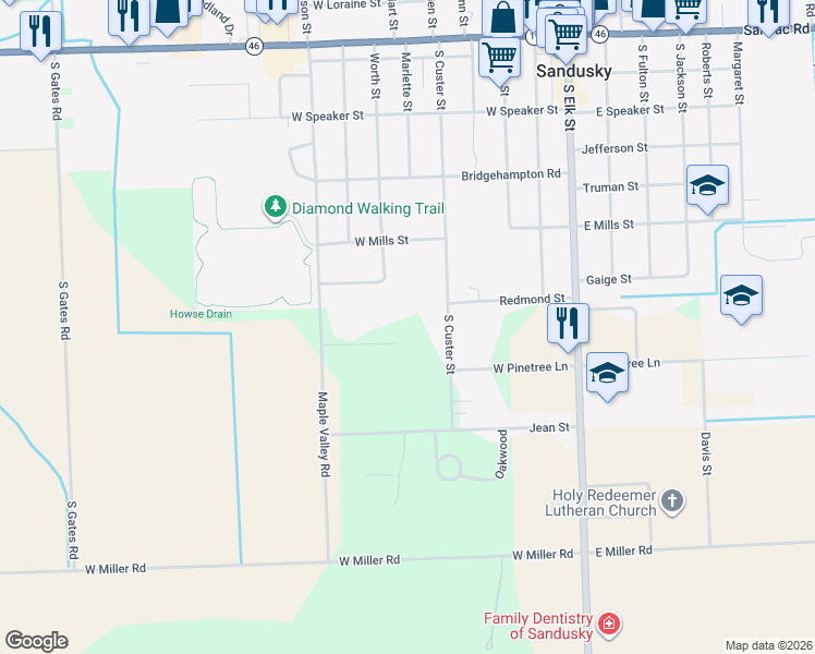 map of restaurants, bars, coffee shops, grocery stores, and more near 350 Blue Spruce Lane in Sandusky